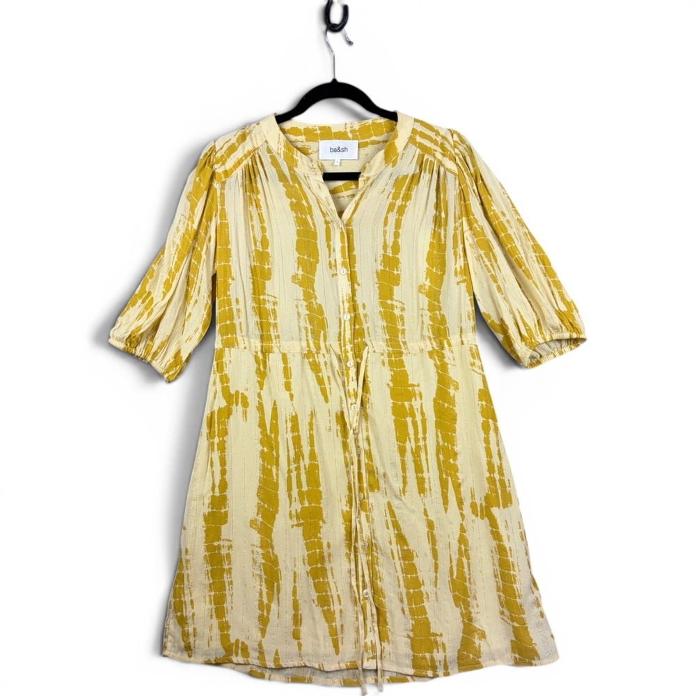 Ba&sh Kenya Mini Dress Yellow Tie Dye Metallic Stripe Button Front Size 1 S